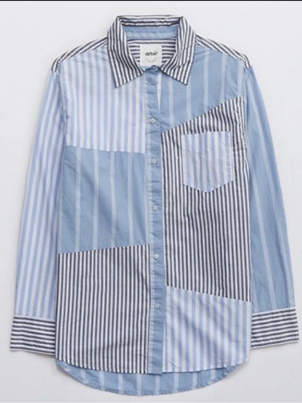 aerie Blue and White Patchwork Stripe Button-Up Shirt